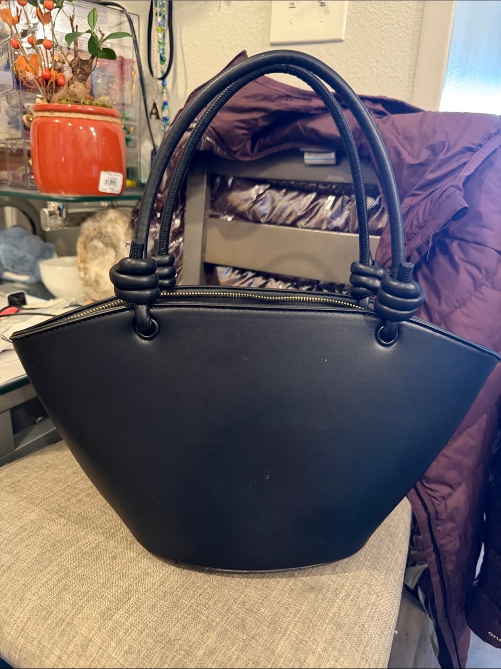 Black Structured Knot-Handle Tote Bag - Unbranded